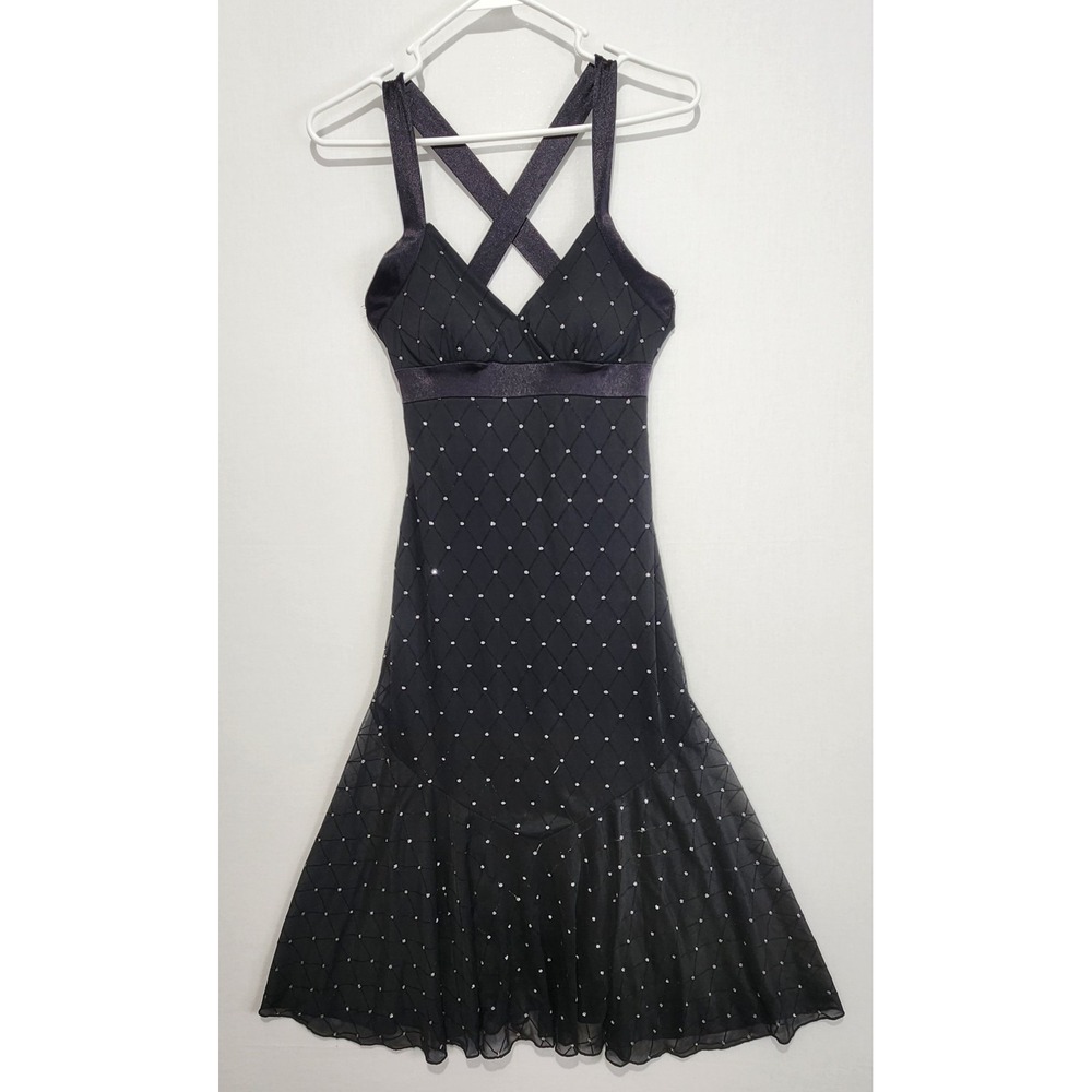 Camille Women's Size S Black Glittery Mesh Midi Dress Criss Cross Back Party